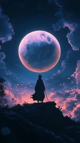 Lone warrior silhouette under huge glowing pink moon.