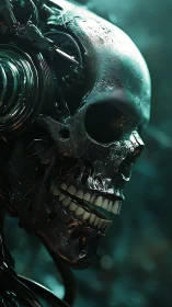 Cybernetic skull glows with teal backlight and chrome cabling.