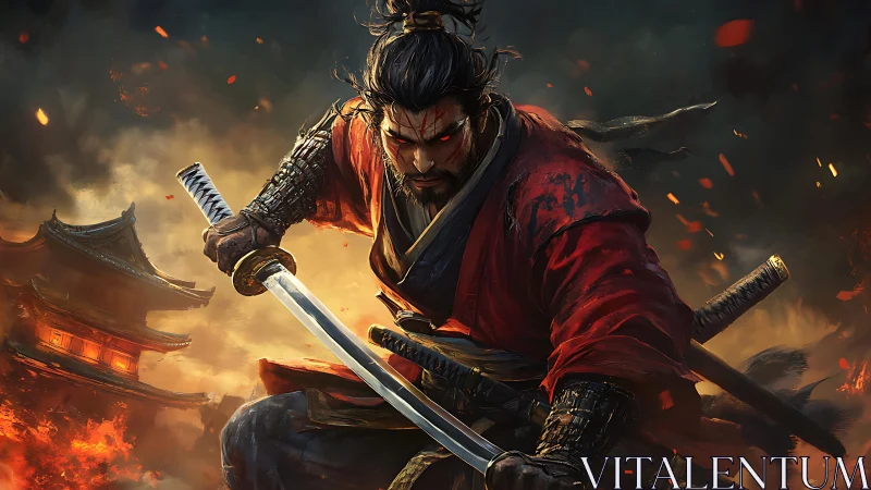 Samurai warrior with glowing eyes amid burning temple.