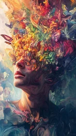 Surreal female portrait with floral crown and vivid butterflies