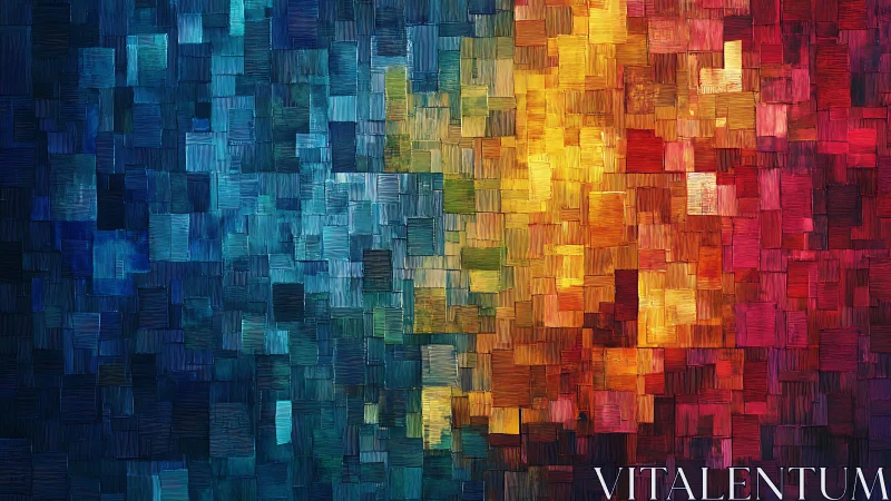 Abstract geometric mosaic in vibrant blue, yellow, and red hues.
