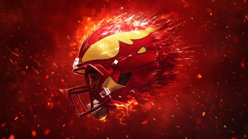 Fiery red football helmet exploding through molten sparks.