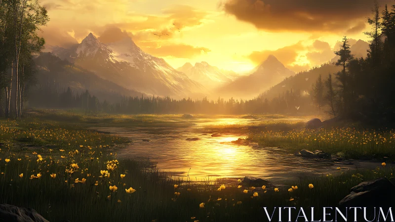 Golden alpine river at sunset with glowing wildflower meadow.