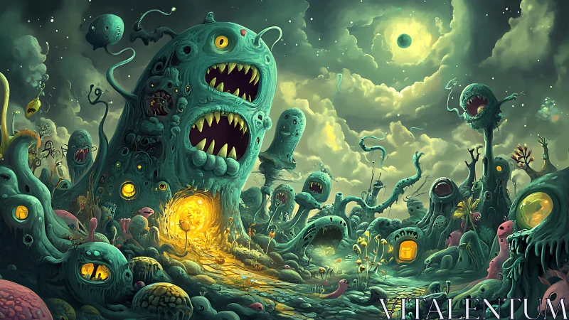 Bioluminescent monster village under turbulent alien moonlight.