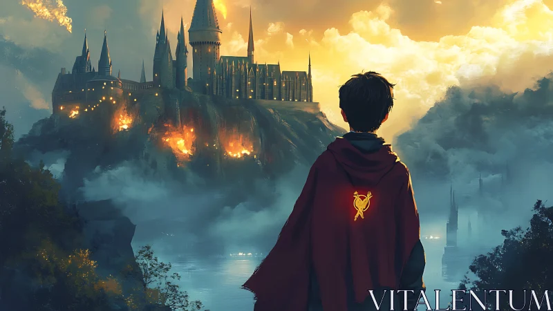 Hooded hero watches burning cliffside fantasy castle at dusk.