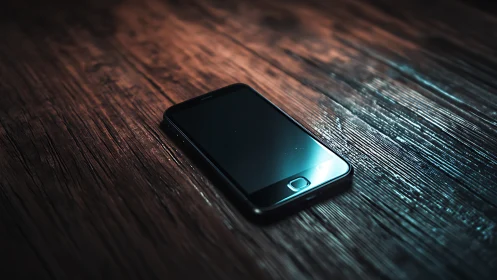 Dark Tech: Smartphone on Textured Surface with Neon Glow.