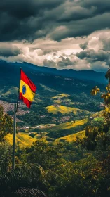 Storm-lit valley hills and vibrant flag in lush countryside.