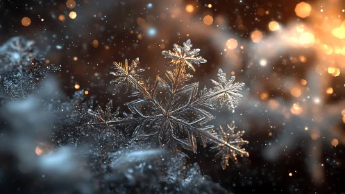 Macro view of detailed snowflake against warm bokeh light.