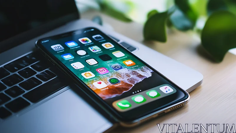 Photorealistic smartphone and laptop workspace composition.