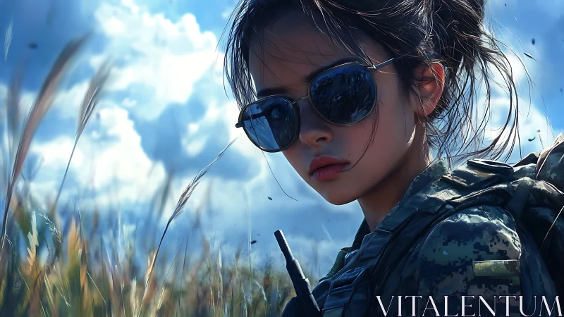 Young soldier wearing sunglasses stands in grassy field