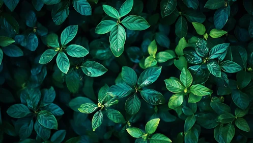 Top-down macro study of glossy green foliage under soft diffused light