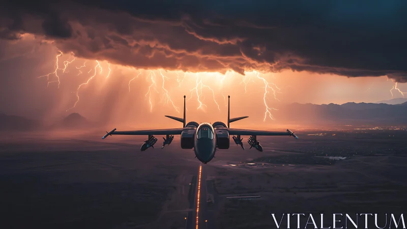 Strike fighter jet aligned with runway under electric storm.