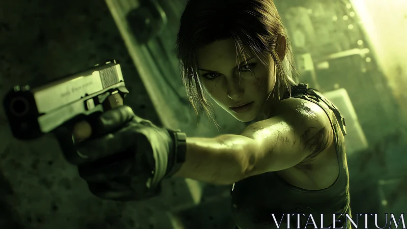 Woman aiming handgun in green-tinted digital action scene