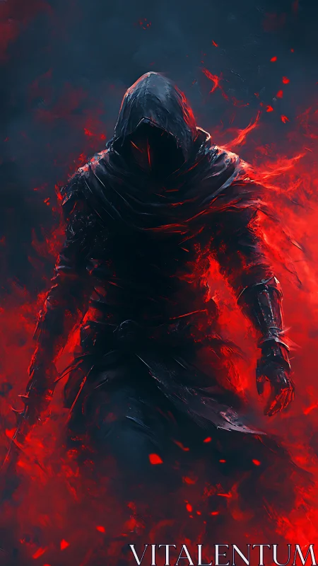 Hooded firewalker emerging from swirling crimson shadows.