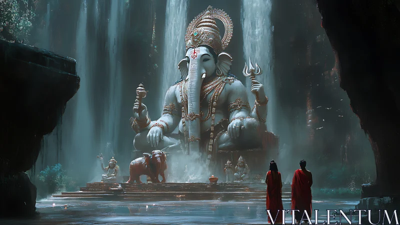 Large elephant-headed statue is positioned before waterfalls