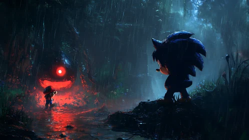 Two game characters observe red-lit creature in rainy forest