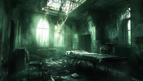 Abandoned surgical room with overgrown ceiling vegetation.