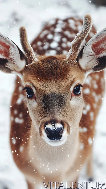 Young deer stands in gentle snowfall, evoking winter calm