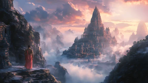 Monk overlooks vast misty stone temple city at sunrise