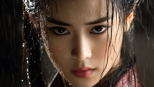 Close wet portrait of woman under rainfall conditions.