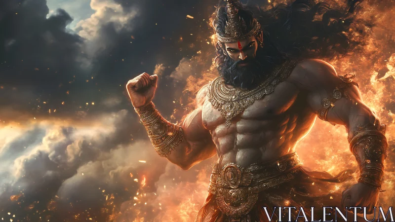 Storm-forged warrior strides through embers of a burning sky