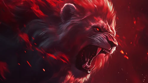 Crimson spectral lion roaring through embers and shadow.