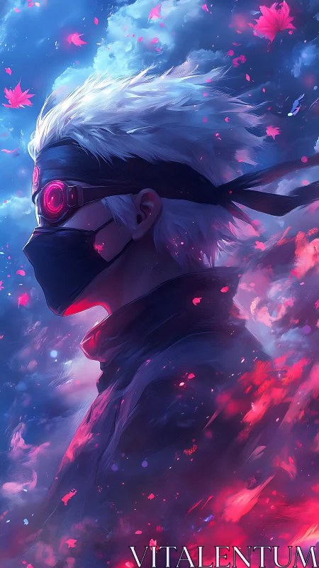 Masked silver-haired warrior in neon sakura atmosphere.