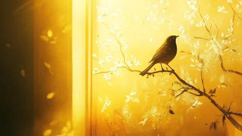 Songbird rests on sunlit blossom branch in golden haze