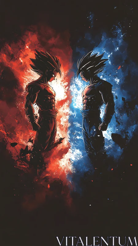 Opposed anime warriors with red and blue elemental energy.