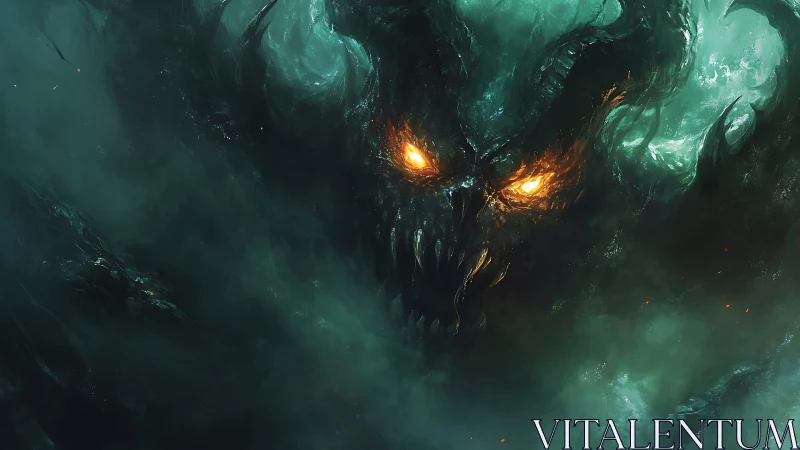 Glowing demon face emerges from swirling emerald storm clouds