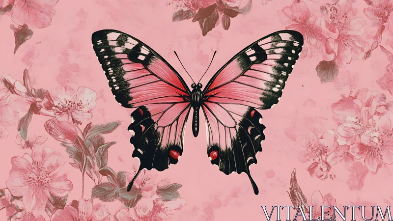 Detailed pink swallowtail butterfly over floral illustration