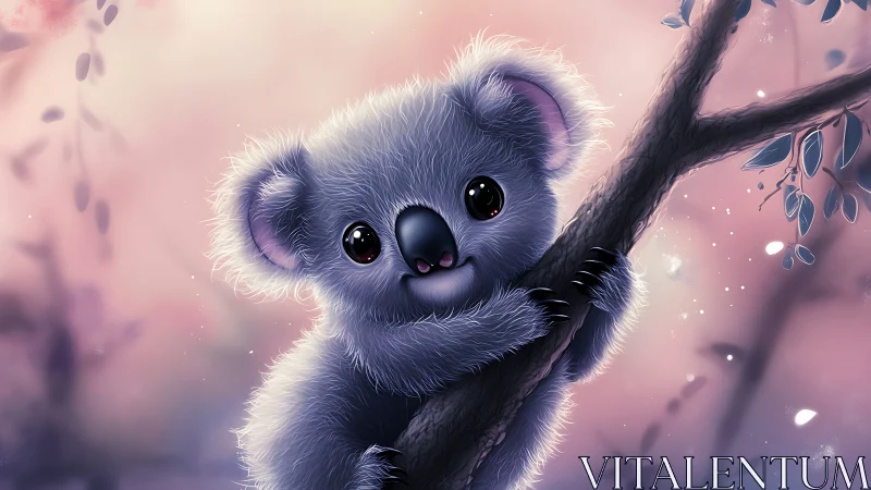 Cute digital koala hugging tree branch in soft pink light.