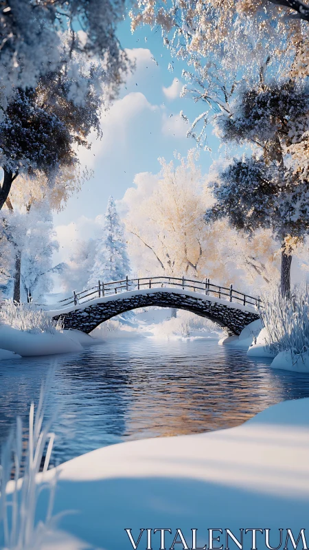 Stone arch footbridge over reflective winter river under snow