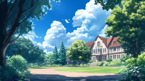 Sunny academy courtyard frames bright classical school façade