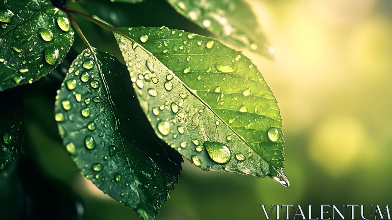 Dew-covered green leaves catch sunrise bokeh light glow.