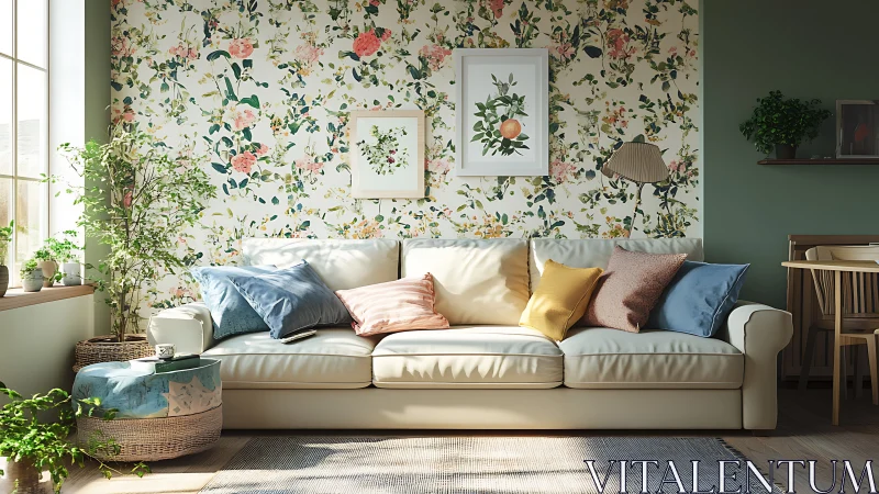 Cozy floral living room filled with sunshine and soft color.