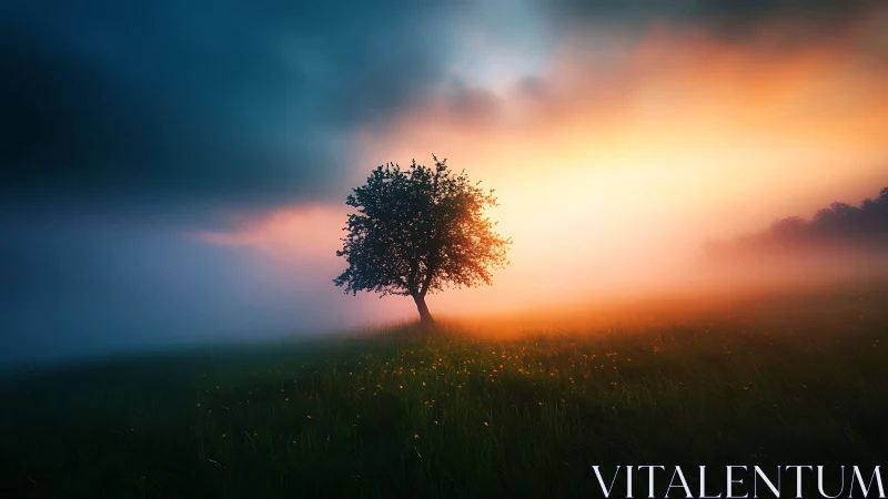 Lone tree in foggy meadow under vivid sunrise light.