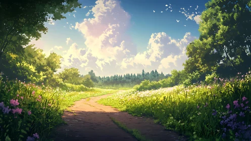 Sunlit country path through wildflower meadow under clouds.