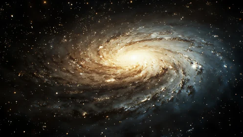 Spiraling starlit galaxy curls inward to a molten bright core