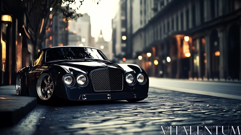 Custom black luxury coupe on empty cobblestone city street.