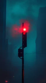Nocturnal traffic signal in saturated cyan urban fogscape.