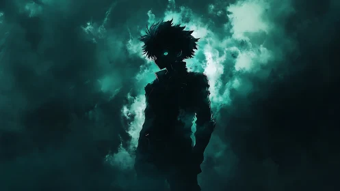Stormlit silhouette of a glowing-eyed hero in teal clouds.