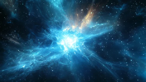 Expanding blue energy burst in deep star-filled space.