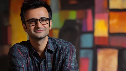 Warm smile in front of colorful abstract art wall