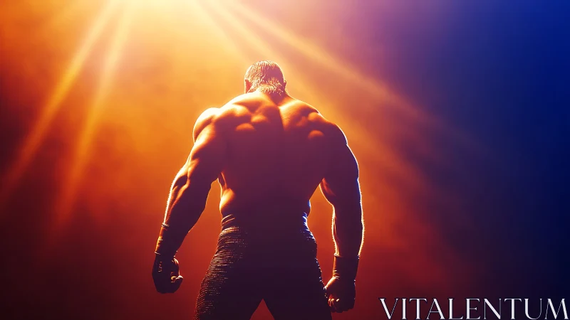 Back view of muscular figure under strong stage lighting.