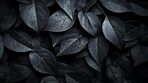 Moody dark foliage with raindrops in layered closeup pattern.