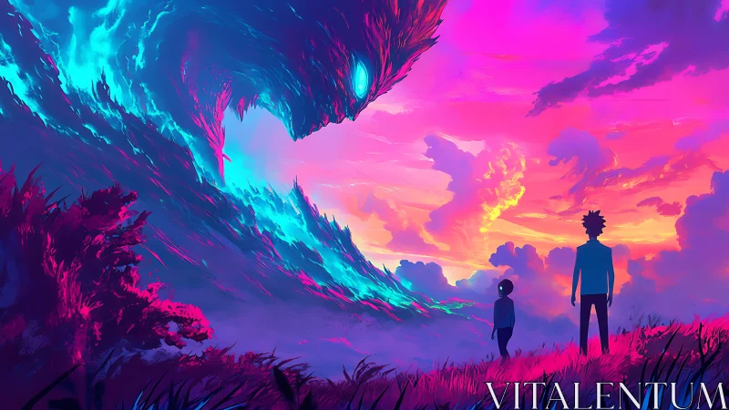 Neon horizon confrontation in cinematic digital painting panorama.