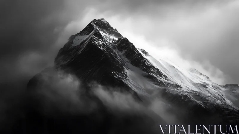 Stormlit alpine peak emerging through swirling highland mist.