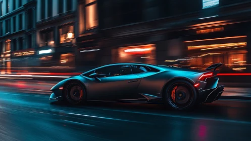 Sleek supercar races through neon city streets at night