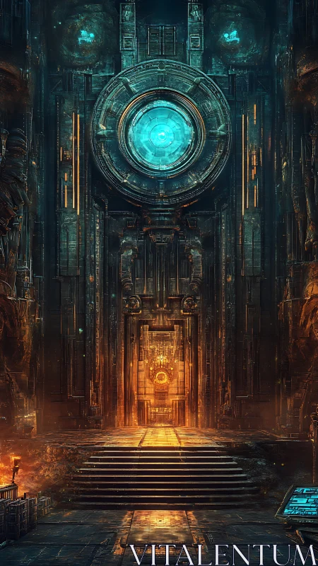 Hidden ember gate beneath a glowing cosmic reactor.